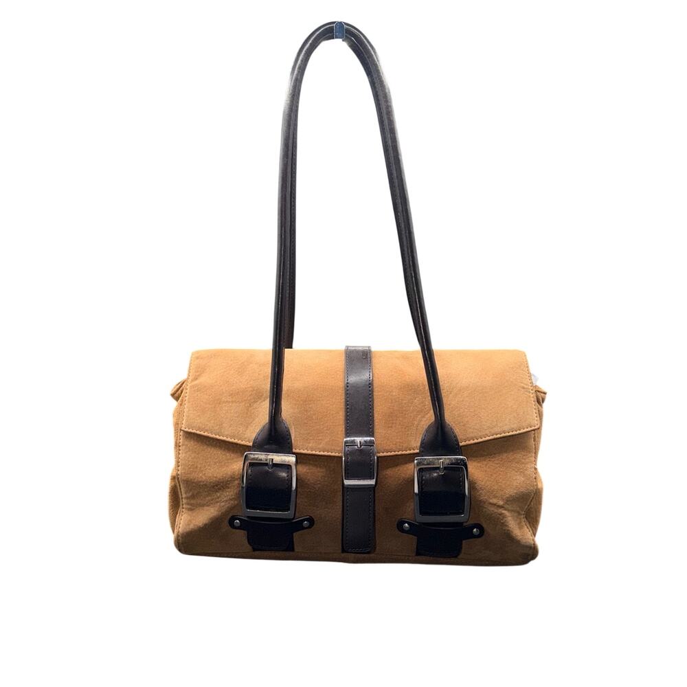Wilsons Leather Pelle Studio Suede Shoulder Bag Tan Brown Buckle Y2K